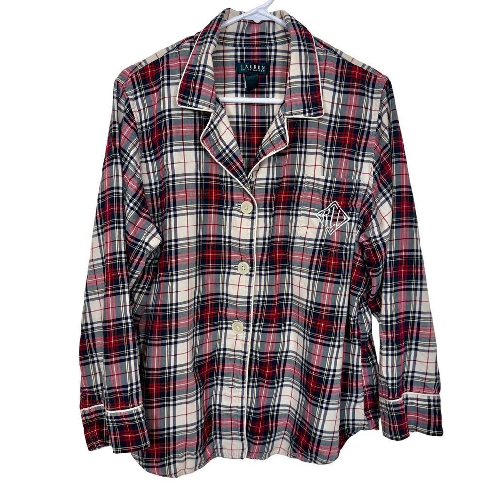 Lauren Ralph Lauren Plaid Pajama Top Long Sleeve Button Down Cotton Red Navy XL
